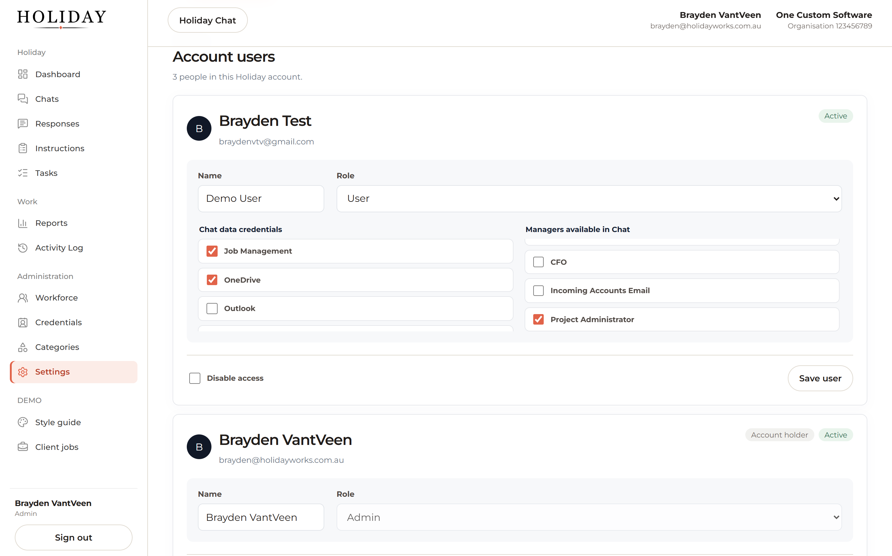 Holiday user controls showing roles, data credentials, manager access and account permissions.